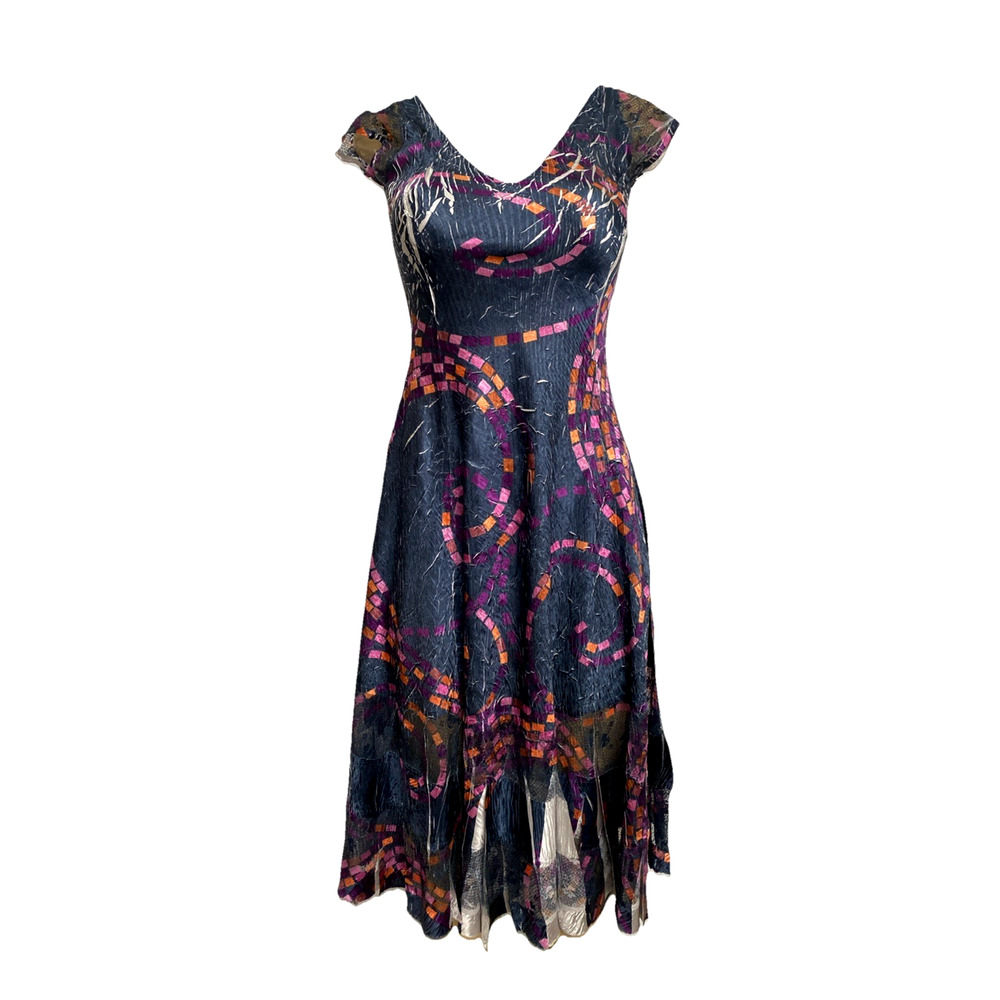 Komarov Dress Midi Abstract V Neck Cap Sleeve Crinkle Black Purple A lin…